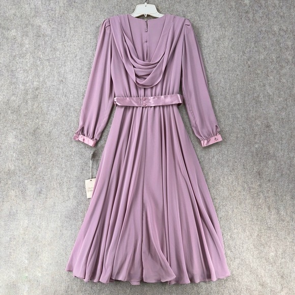 NEW VTG Ursula A Line Midi Dress Chiffon Mauve Pink 7/8 Long Sleeve Beaded Belt - Picture 2 of 14